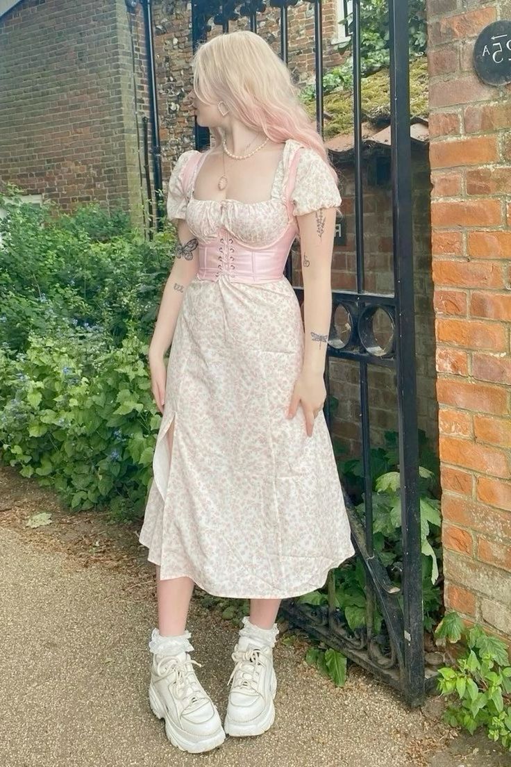 Floral Dress with Pink Corset and Platform Sneakers